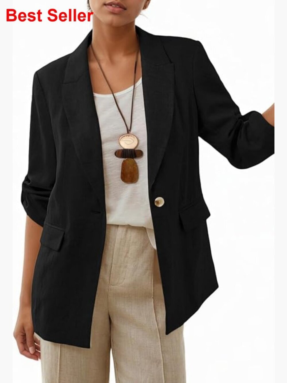 Linen-Blend Blazer 3/4 Sleeve Lightweight Fully-Lined Casual Work Jacket